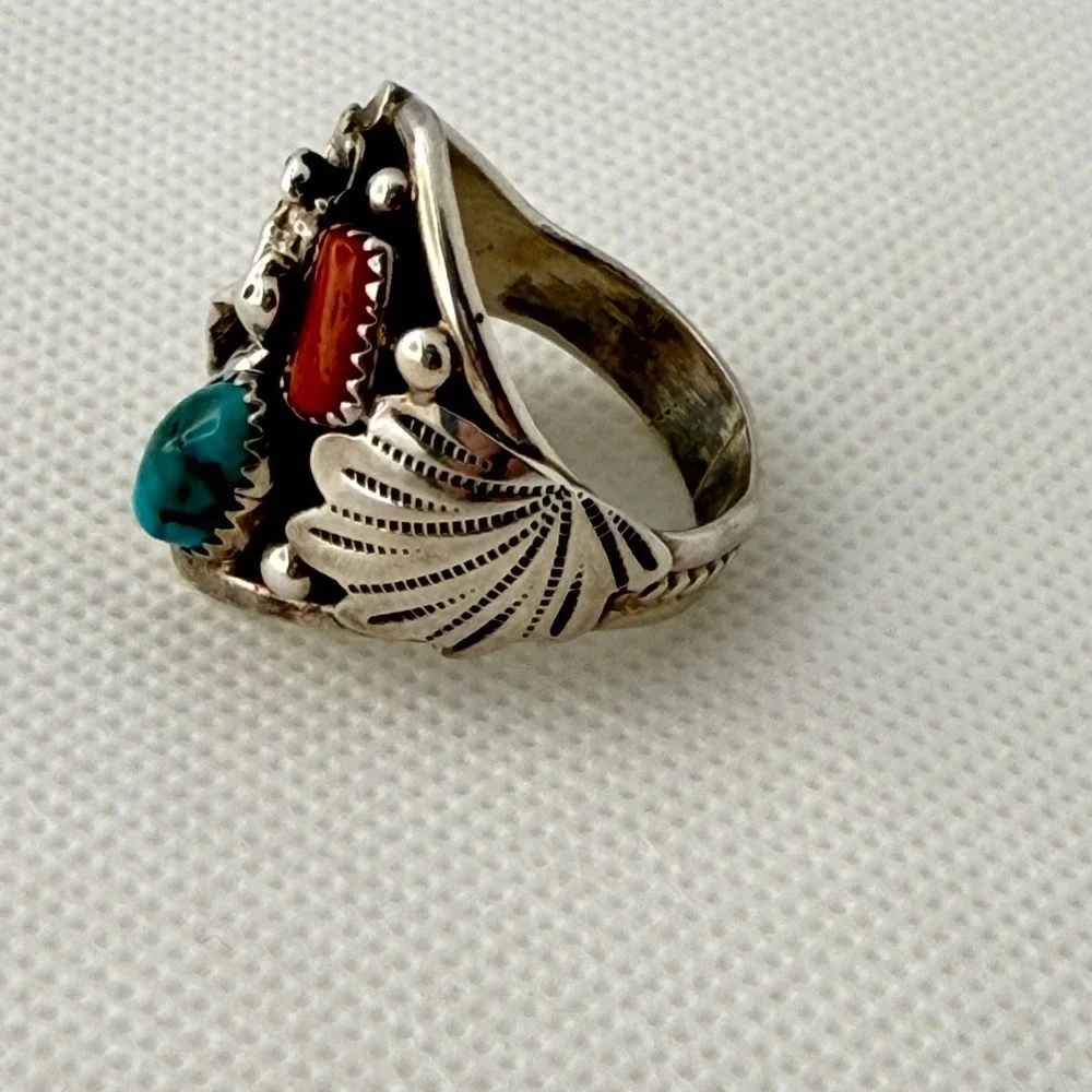 Richard Begay Navajo Eagle Ring Turquoise Coral Sterling Silver Size 13